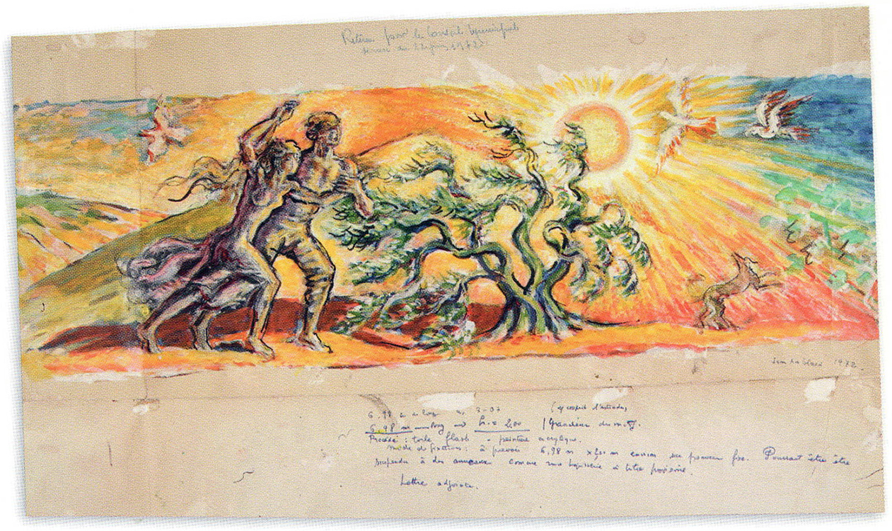 Couple affrontant le mistral.Etude préparatoire pour la salle des mariages de Sainte-Tulle..